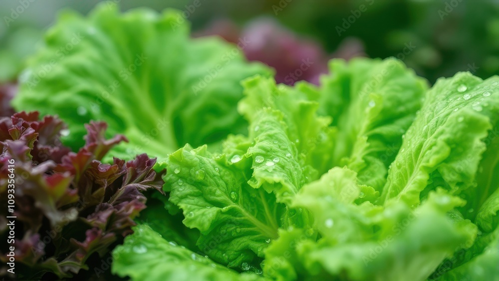 Photorealistic macro photography, a close-up of fresh and vibrant lettuce leaves glistening with water droplets, vivid green tones and crisp textures, soft natural lighting Photorealistic macro photography, a close-up of fresh and vibrant lettuce leaves glistening with water droplets, vivid green tones and crisp textures, soft natural lighting