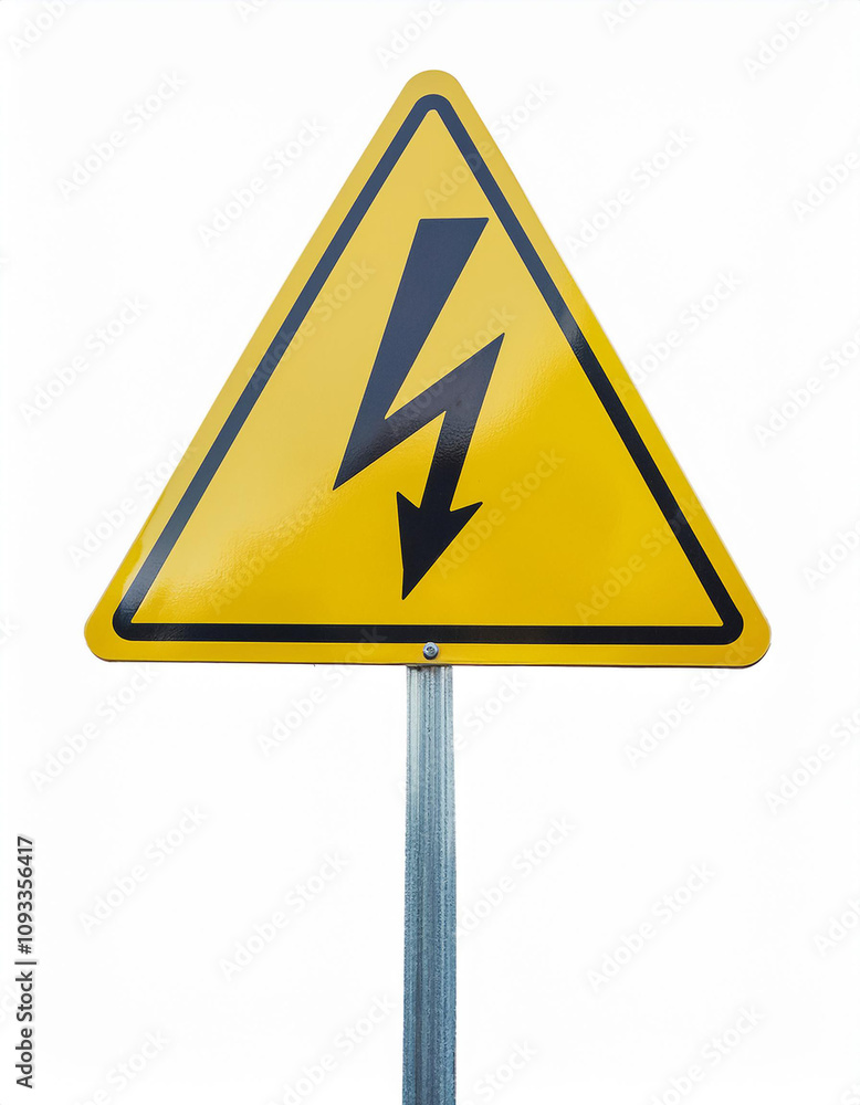 Yellow triangle warning sign with lightning bolt symbol. High voltage danger. Isolated on white Yellow triangle warning sign with lightning bolt symbol. High voltage danger. Isolated on white
