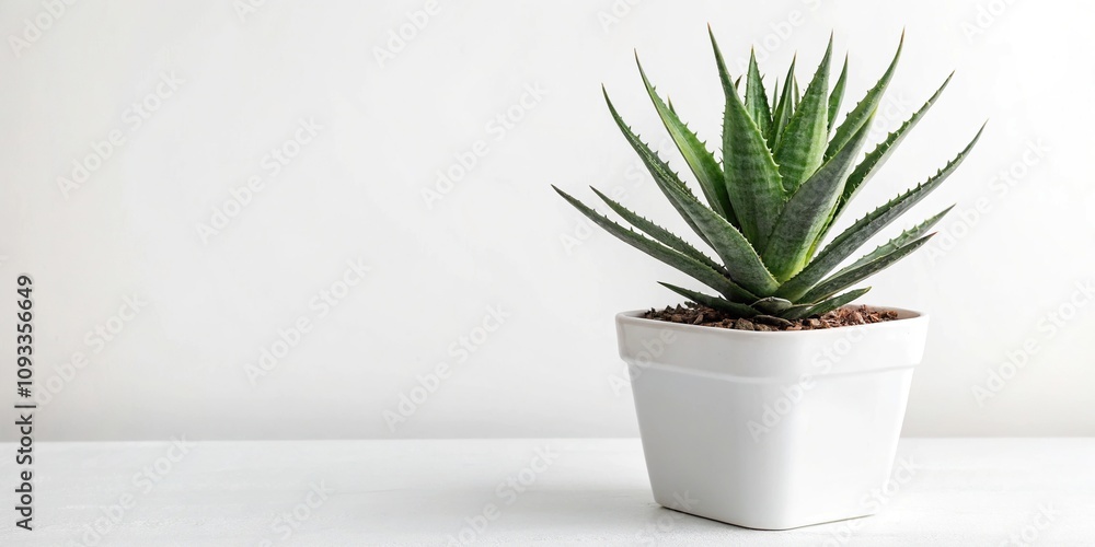 Full view of an agave plant in a simple white planter on a white background, decorative element, indoor plant, agave plant Full view of an agave plant in a simple white planter on a white background, decorative element, indoor plant, agave plant