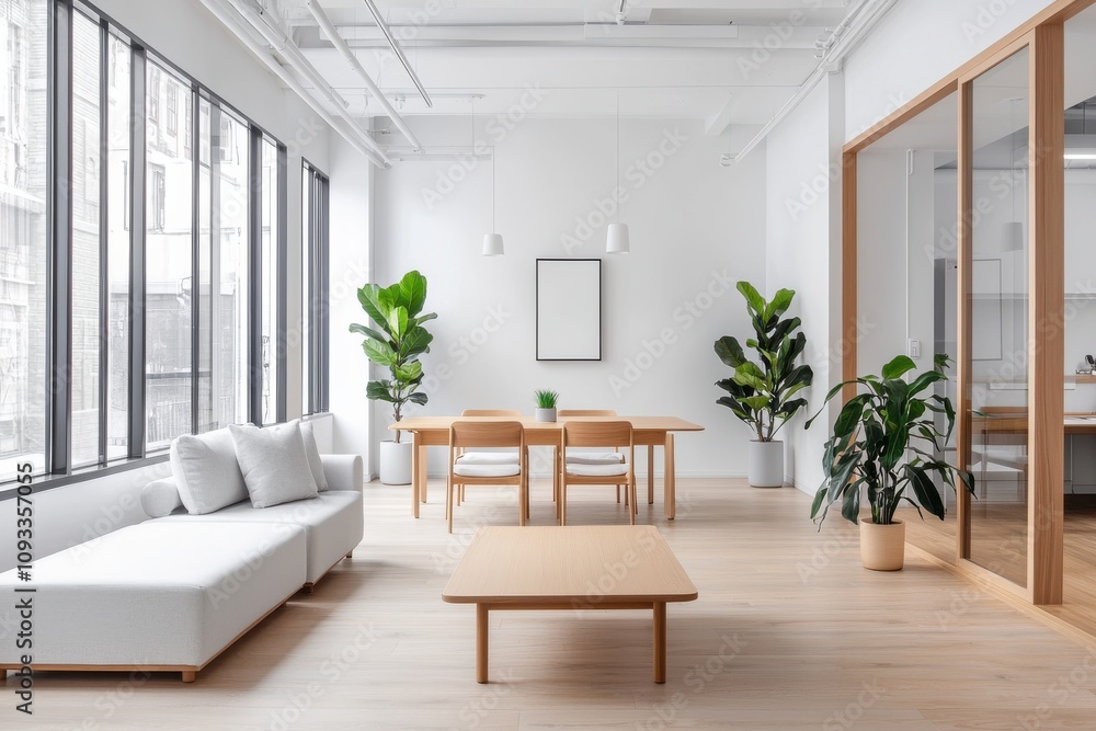 Fototapeta premium Transforming office spaces modern minimalist interior design open plan layout bright environment clean aesthetic concept