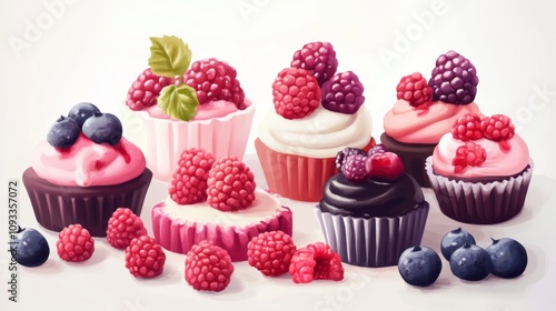Delicious Cupcakes with Raspberries and Blueberries