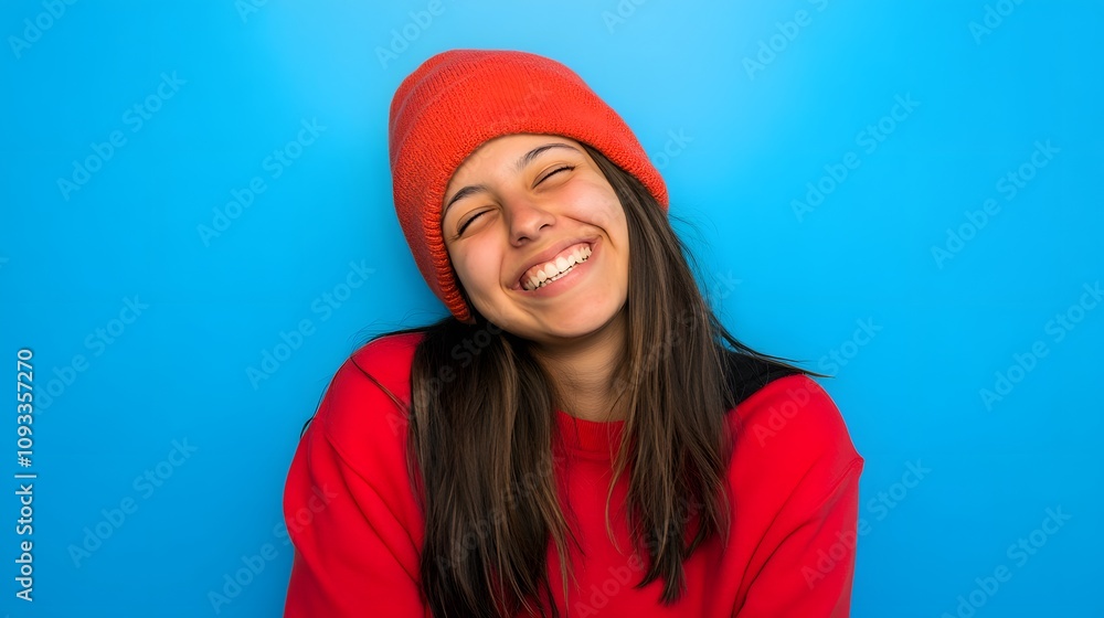 Smiling young woman in red beanie against a bright blue background. Smiling young woman in red beanie against a bright blue background.