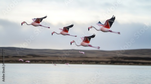 Flamingos in flight over tranquil water at dusk