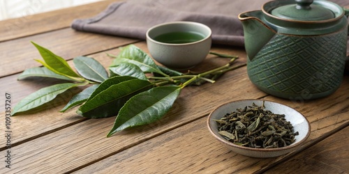 Tea leaves and tea vessel side by side on a wooden table, tea ceremony, green plants, tea leaf shapes, wooden cutting board, pressed tea photo