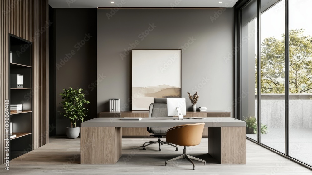 Fototapeta premium Embracing minimalism modern neutral-toned open-plan office interior design