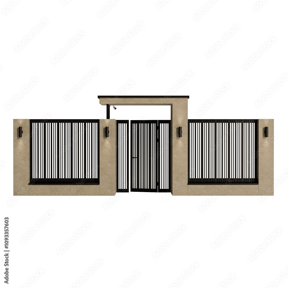 A tall, white building with a black fence and a gate A tall, white building with a black fence and a gate
