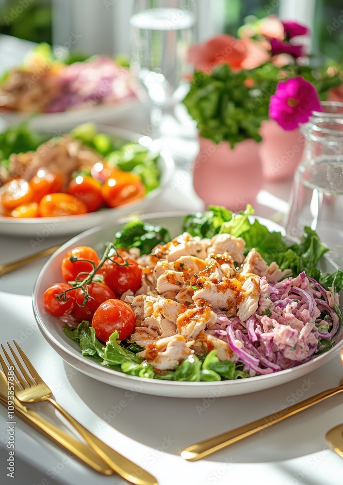 Fresh and Healthy Salad with Grilled Chicken, Cherry Tomatoes, Purple Cabbage, and Greens on a Bright Table Surrounded by Colorful Flowers Fresh and Healthy Salad with Grilled Chicken, Cherry Tomatoes, Purple Cabbage, and Greens on a Bright Table Surrounded by Colorful Flowers