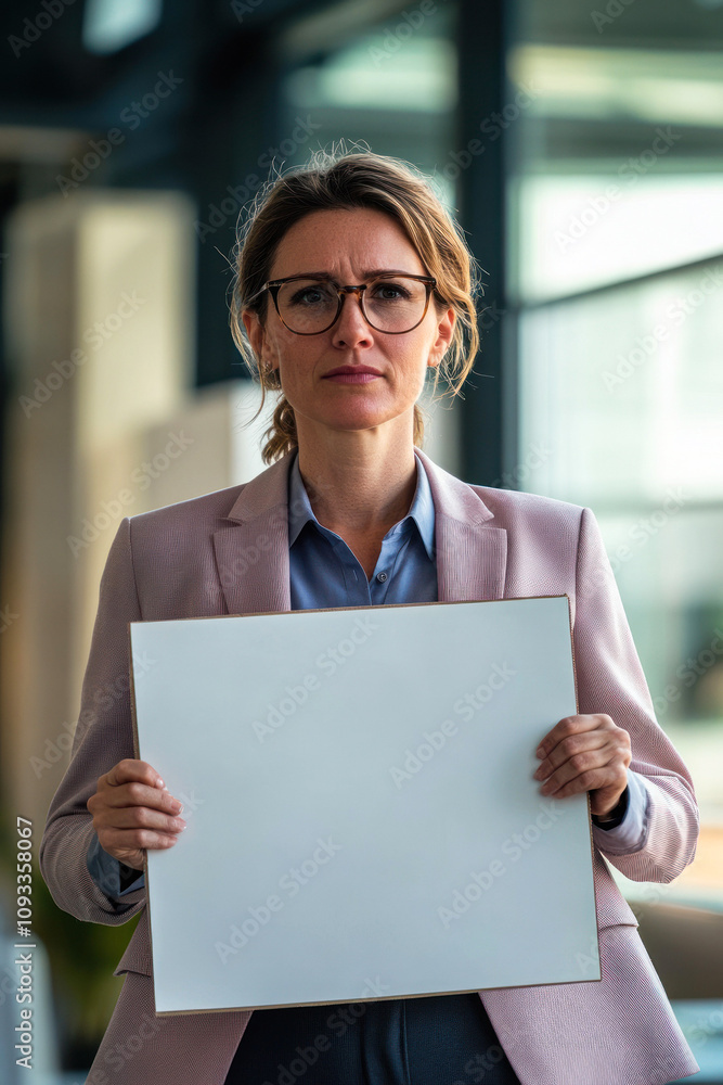 Serious professional woman holds blank sign in office Serious professional woman holds blank sign in office