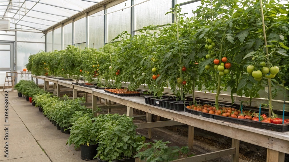 Greenhouse with a large variety of tomato plants arranged on shelves and tables, greenhouse, agriculture, tomato plants, urban agriculture Greenhouse with a large variety of tomato plants arranged on shelves and tables, greenhouse, agriculture, tomato plants, urban agriculture