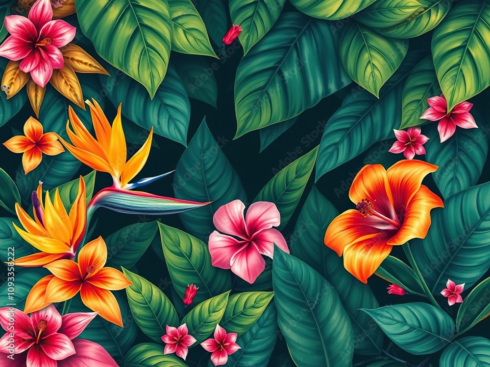 Tropical flower and leaf wallpaper with exotic flowers like birds of paradise and hibiscus, surrounded by lush foliage in shades of pink, orange and yellow, jungle-like, tropical foliage Tropical flower and leaf wallpaper with exotic flowers like birds of paradise and hibiscus, surrounded by lush foliage in shades of pink, orange and yellow, jungle-like, tropical foliage