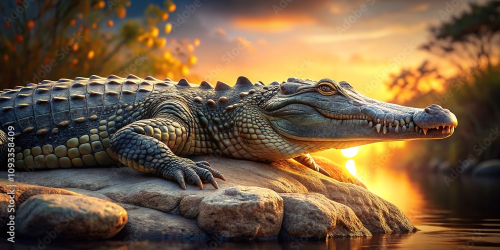 Obraz premium Digital art captures a crocodile's repose, textured rock backdrop.