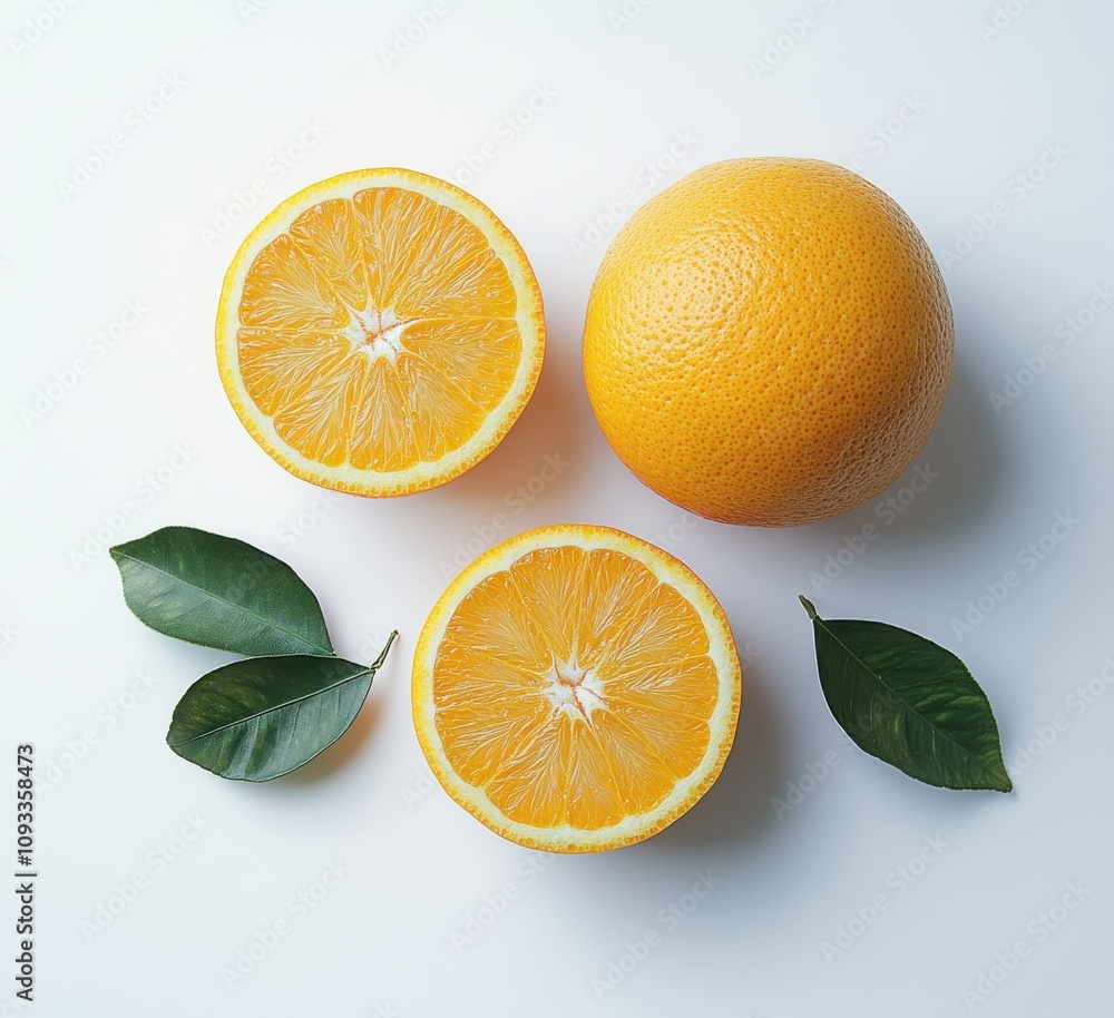 Fresh and Juicy Orange Halves and Whole with Green Leaves on a Clean White Background, Perfect for Food, Health, and Nutrition Themes Fresh and Juicy Orange Halves and Whole with Green Leaves on a Clean White Background, Perfect for Food, Health, and Nutrition Themes