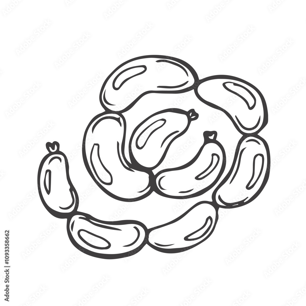 Sausages chain isolated bunch of meat food. Vector pork or beef frankfurter sausage Sausages chain isolated bunch of meat food. Vector pork or beef frankfurter sausage