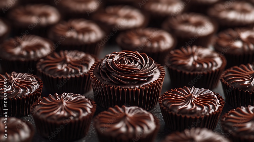 Detailed close-up of a single cupcake topper surrounded by rows of chocolate cupcakes in decorative liners Detailed close-up of a single cupcake topper surrounded by rows of chocolate cupcakes in decorative liners