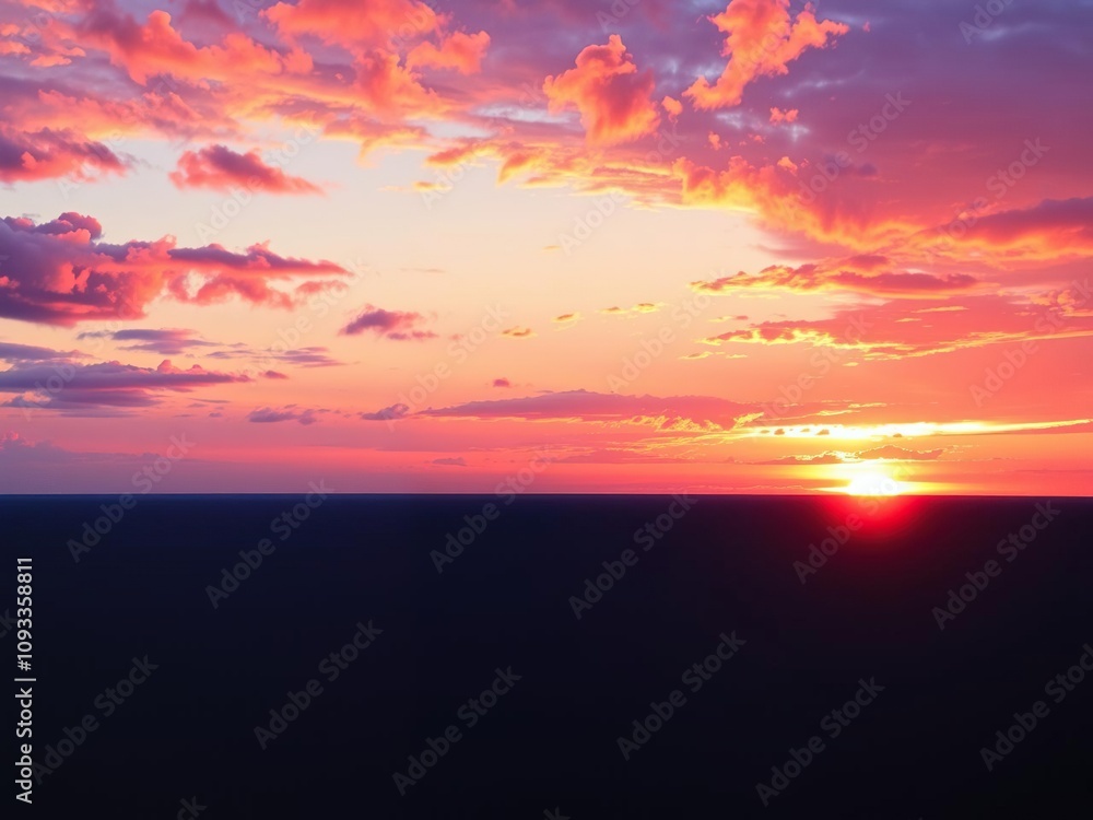 Fototapeta premium Vibrant oranges and purples dance across a canvas of deep blues as the sun dips below the horizon, deep blue tones, natural wonder