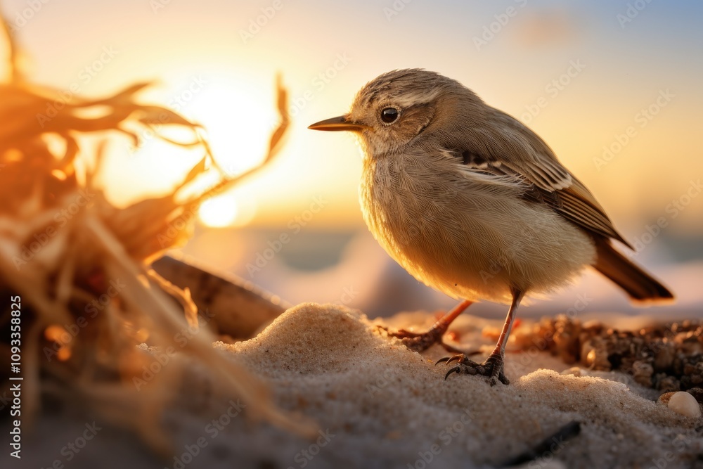 A Minute Avian Companion Perched Amidst the Sun Drenched Granules of the Beach A Minute Avian Companion Perched Amidst the Sun Drenched Granules of the Beach