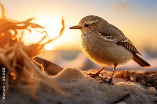 A Minute Avian Companion Perched Amidst the Sun Drenched Granules of the Beach