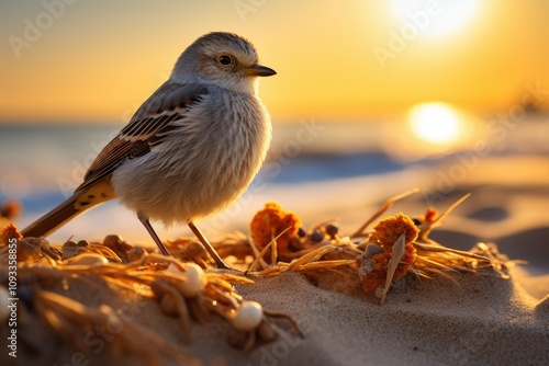 A Minute Avian Companion Perched Amidst the Sun Drenched Granules of the Beach