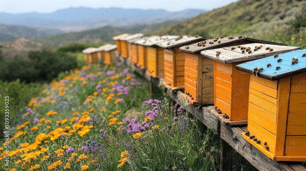 Vibrant Beehives Nestled Among Colorful Wildflowers in a Scenic Landscape with Mountains and a Clear Sky, Ideal for Nature and Agriculture Themes Vibrant Beehives Nestled Among Colorful Wildflowers in a Scenic Landscape with Mountains and a Clear Sky, Ideal for Nature and Agriculture Themes