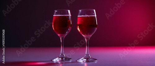 Elegant Red Wine Glasses on deep purple Background, romantic dinner concept, celebration, invitation, greeting card, banner with copy space	
