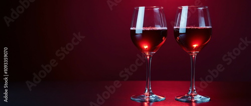 Elegant Red Wine Glasses on deep red Background, romantic dinner concept, celebration, invitation, greeting card, banner with copy space	
