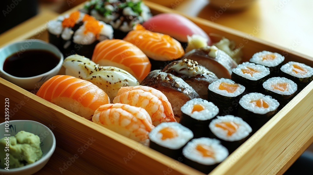 A beautifully presented sushi dish on a wooden plate, with delicate nigiri and neatly arranged rolls, surrounded by small bowls of soy sauce, wasabi, and pickled ginger A beautifully presented sushi dish on a wooden plate, with delicate nigiri and neatly arranged rolls, surrounded by small bowls of soy sauce, wasabi, and pickled ginger