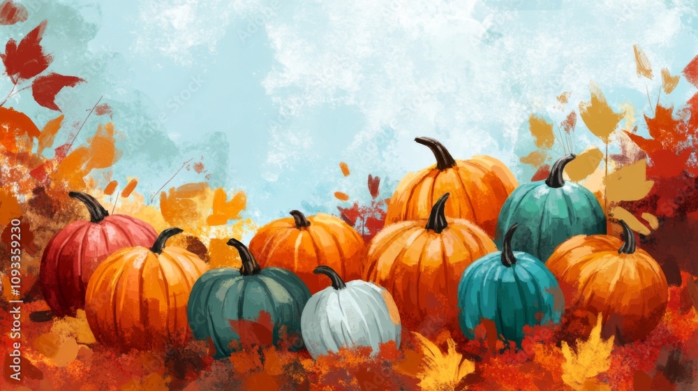 Naklejka premium Colorful Pumpkins and Fall Leaves - Autumn Harvest Scene