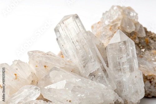 Large pegmatite crystals isolated on white background with intricate crystal formations, geological rock, minerals photo