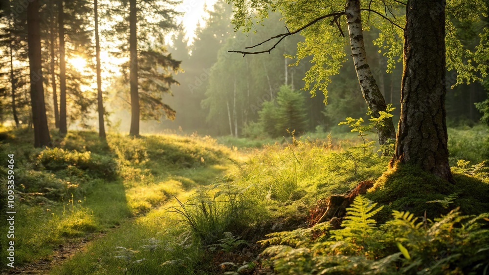 Obraz premium Warm sunlight casting a golden glow on the forest floor amidst lush greenery, forest landscape, forest illumination, golden tones, woodland scenery