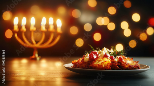 Plate of latkes with menorah and festive lights in background photo