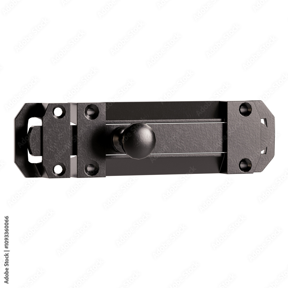 A black metal door lock with a silver knob