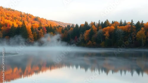 Morning mist rising from the surface of a serene lake in an autumn colored forest, autumnal colors, stillness, calm water