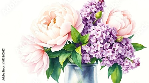 Wallpaper Mural Watercolor painting of white and pale pink peonies with fresh lilacs in a vase, vintage look, flower arrangements Torontodigital.ca