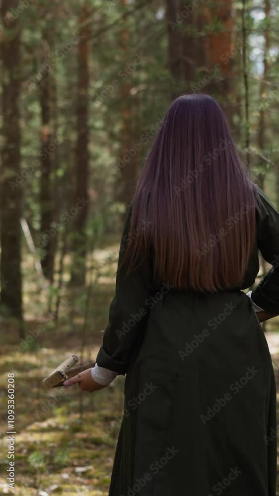 Long haired girl with crossbow walks across green forest backside view. Historical reconstruction for children. Sportive game at education camp Long haired girl with crossbow walks across green forest backside view. Historical reconstruction for children. Sportive game at education camp