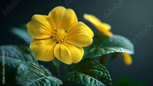 A realistic single primrose in bright yellow color