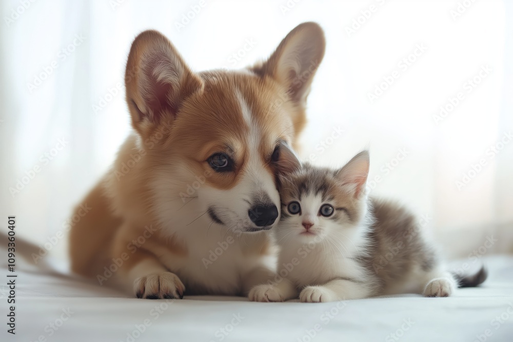 Adorable corgi puppy and fluffy kitten Adorable corgi puppy and fluffy kitten