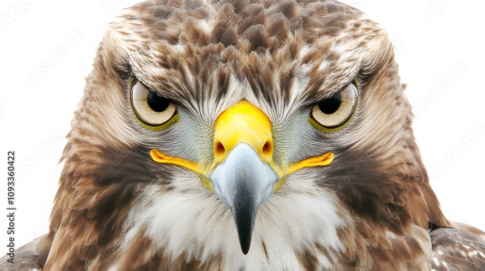 Close-up of a majestic eagle with intense eyes on a white background. Close-up of a majestic eagle with intense eyes on a white background.