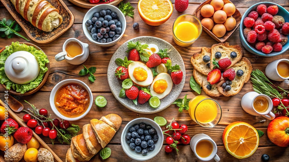 Drone perspective of a nutritious egg and fruit breakfast. Drone perspective of a nutritious egg and fruit breakfast.