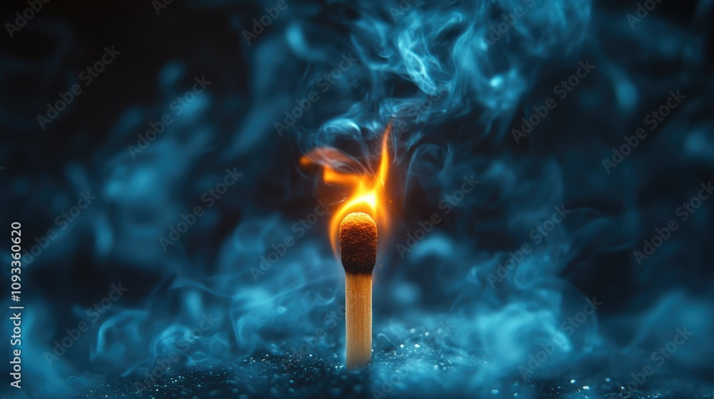 A lit matchstick surrounded by swirling smoke on a dark background. A lit matchstick surrounded by swirling smoke on a dark background.