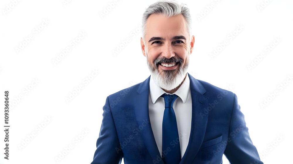 Smiling mature man in blue suit with grey beard against a white background.