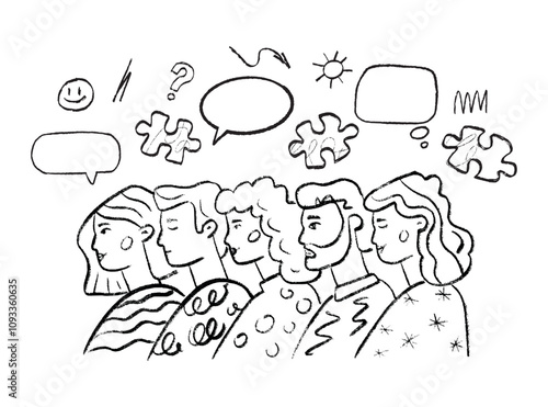 A black and white hand-drawn group of people with speech bubbles above their heads, various strokes and puzzle pieces. The concept of diversity of thought and individuality.