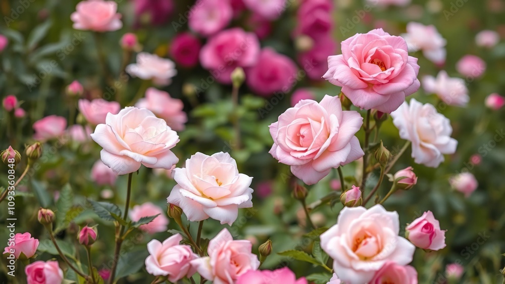 Pastel pink roses blooming in a lush meadow, garden scene, spring blooms, rose garden Pastel pink roses blooming in a lush meadow, garden scene, spring blooms, rose garden