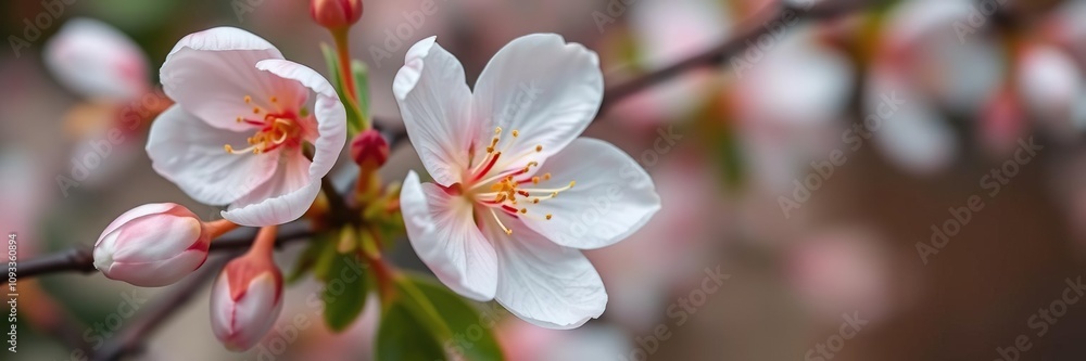 Fototapeta premium Peach blossom with delicate white petals and gentle stem, petals, stem