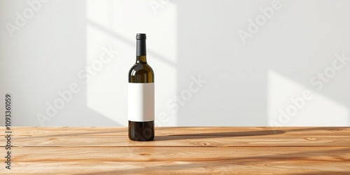 Wooden table with empty wine bottle mock up on it under natural light, empty space, wine bottle mockup, minimalism photo