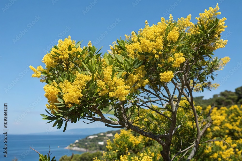 Yellow croton plant in full bloom with clusters of small yellow flowers against a bright blue summer sky, natural beauty, blooming flower Yellow croton plant in full bloom with clusters of small yellow flowers against a bright blue summer sky, natural beauty, blooming flower