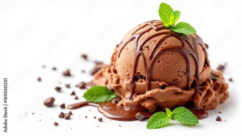 Photorealistic close-up of chocolate mint ice cream scoop isolated on a clean white background, with smooth textures and vibrant green mint accents Photorealistic close-up of chocolate mint ice cream scoop isolated on a clean white background, with smooth textures and vibrant green mint accents