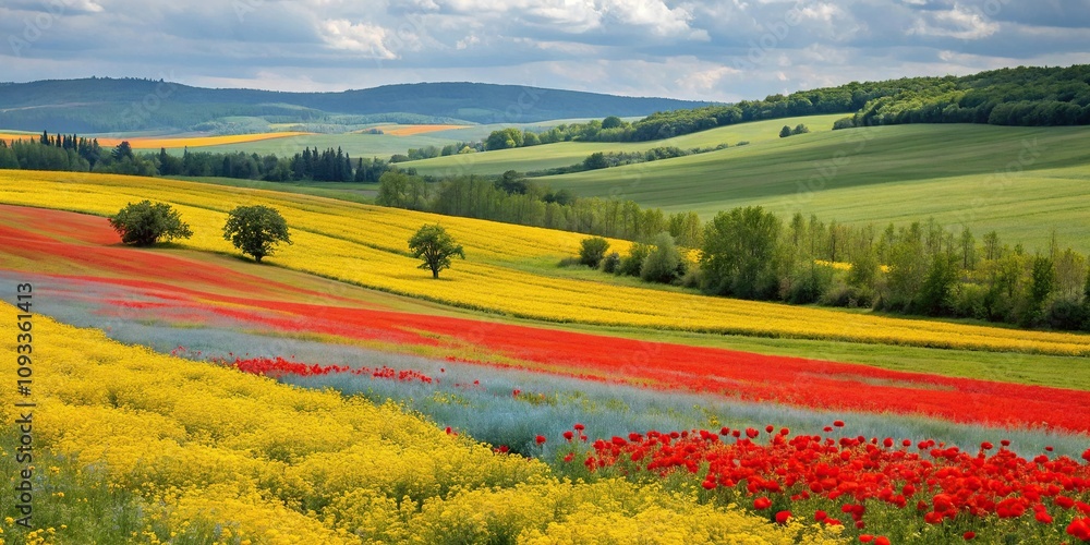 Fototapeta premium Red and yellow hues mingle with a spectrum of blues and greens in a lively painting, blue, vibrant, red, green