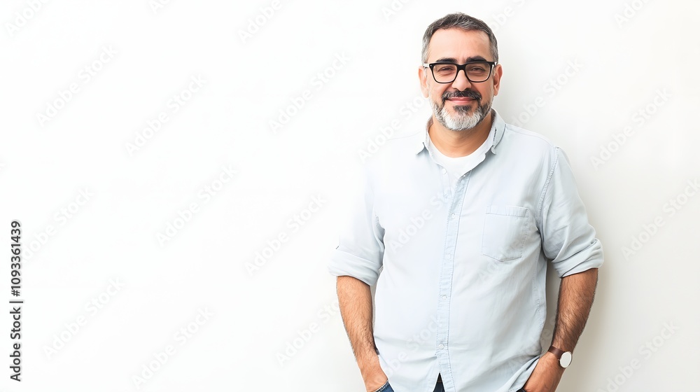Confident mature man with glasses smiling against a bright background. Confident mature man with glasses smiling against a bright background.