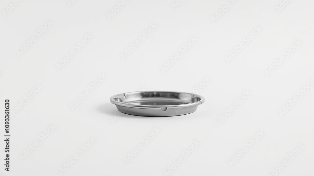 A minimalist metal ash tray sits alone on a crisp white background, surrounded by nothingness, evoking a sense of emptiness and desolation, white background, simplicity A minimalist metal ash tray sits alone on a crisp white background, surrounded by nothingness, evoking a sense of emptiness and desolation, white background, simplicity