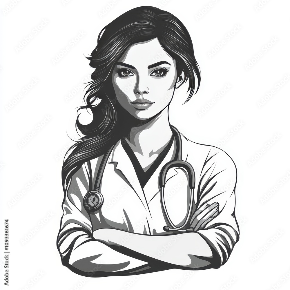 Monochrome Illustration of Female Doctor with Stethoscope
Monochrome Illustration of Female Doctor with Stethoscope